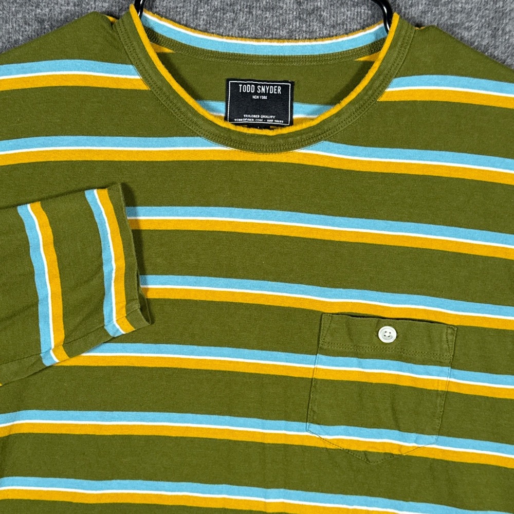 Todd Snyder Shirt Mens L Green Striped Long Sleeve Pocket Crewneck Cotton Tee